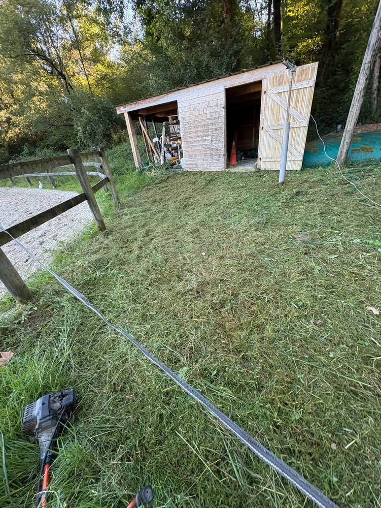 Abords d'un cabanon de jardin fraîchement tondus, débroussailleuse posée au premier plan.