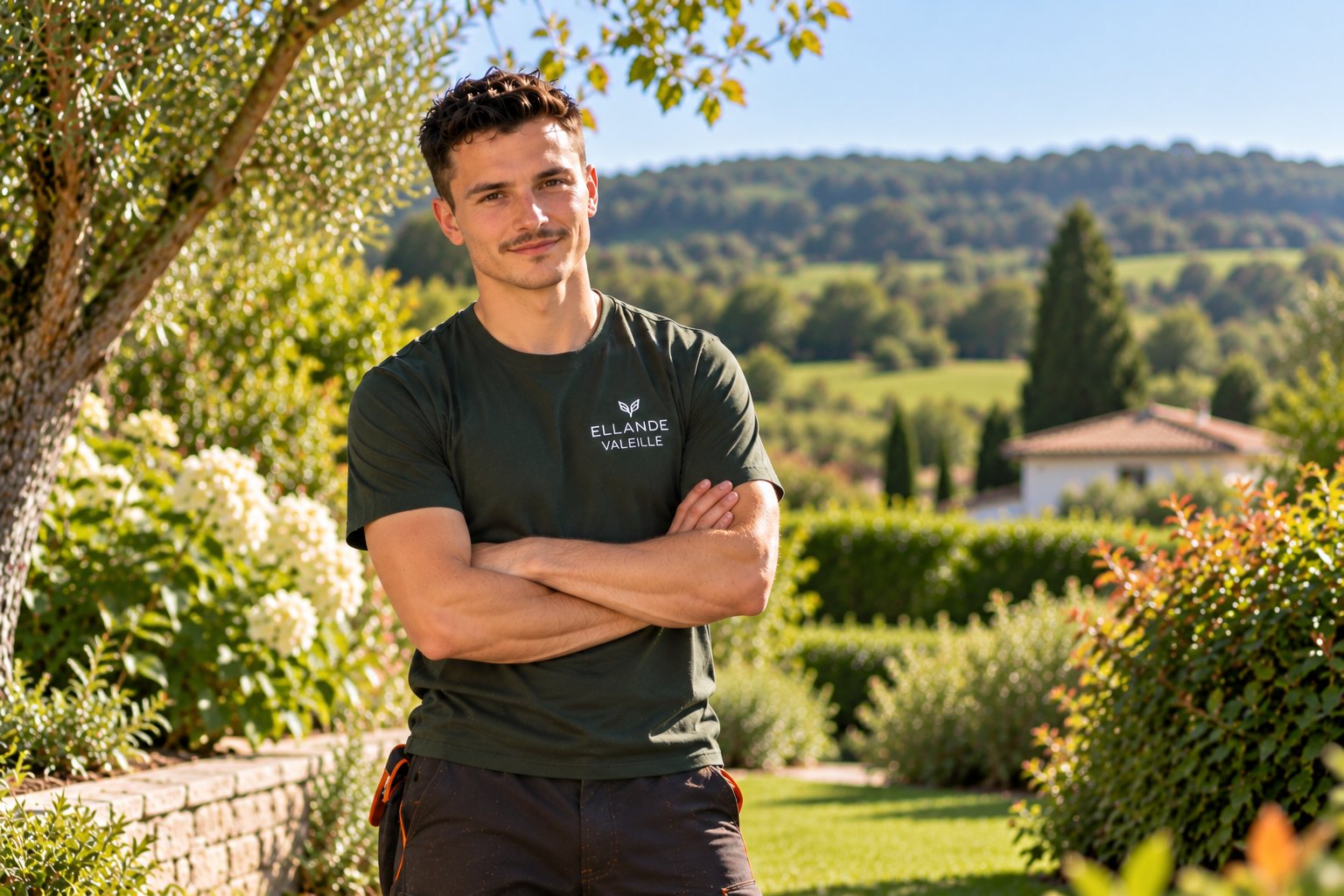 Ellande Valeille, jardinier à Biaudos, en tenue de travail dans un jardin entretenu des Landes, les coteaux boisés en arrière-plan.