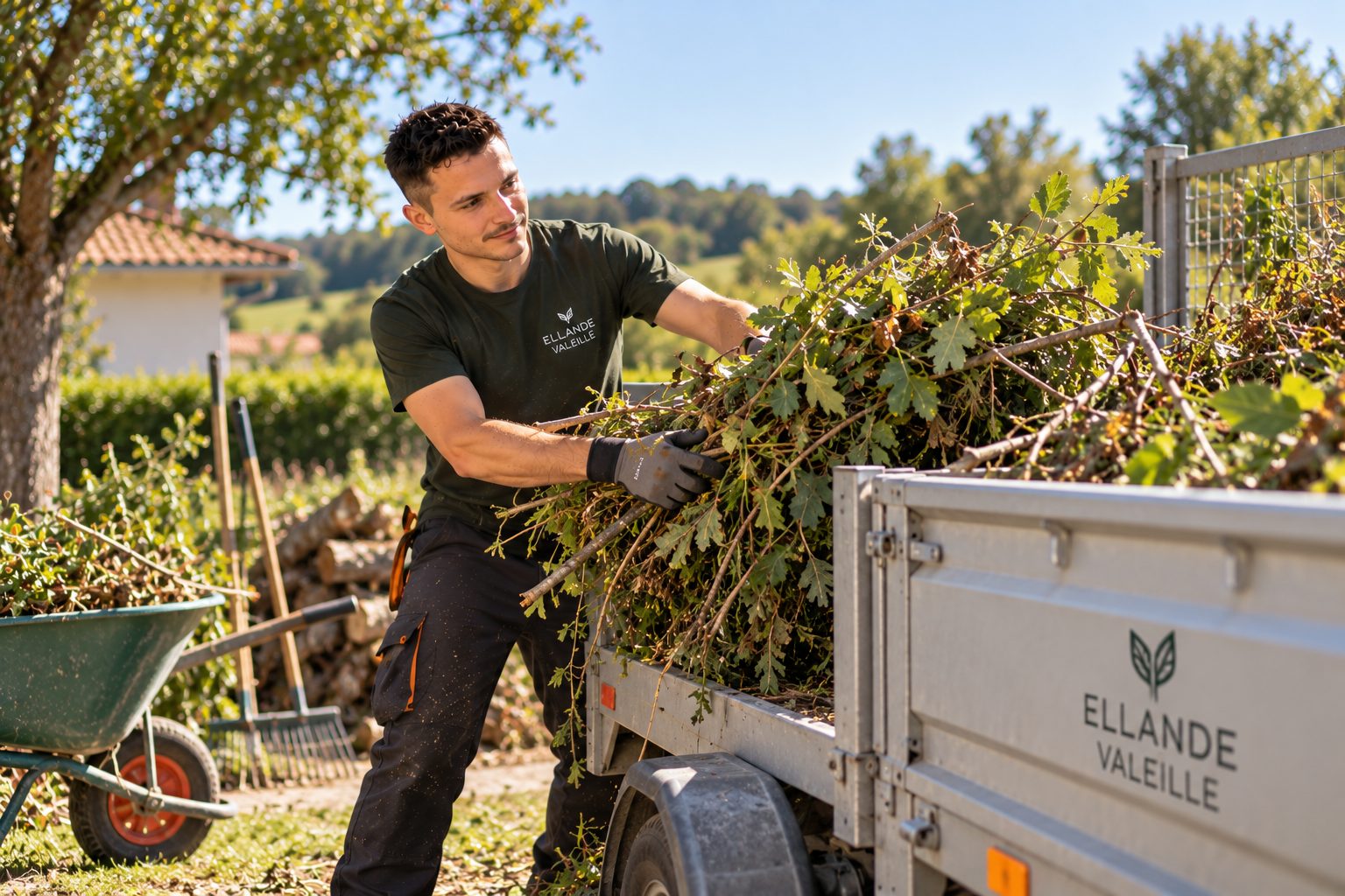 Ellande Valeille chargeant des branches dans sa remorque floquée à son nom, en fin de chantier.