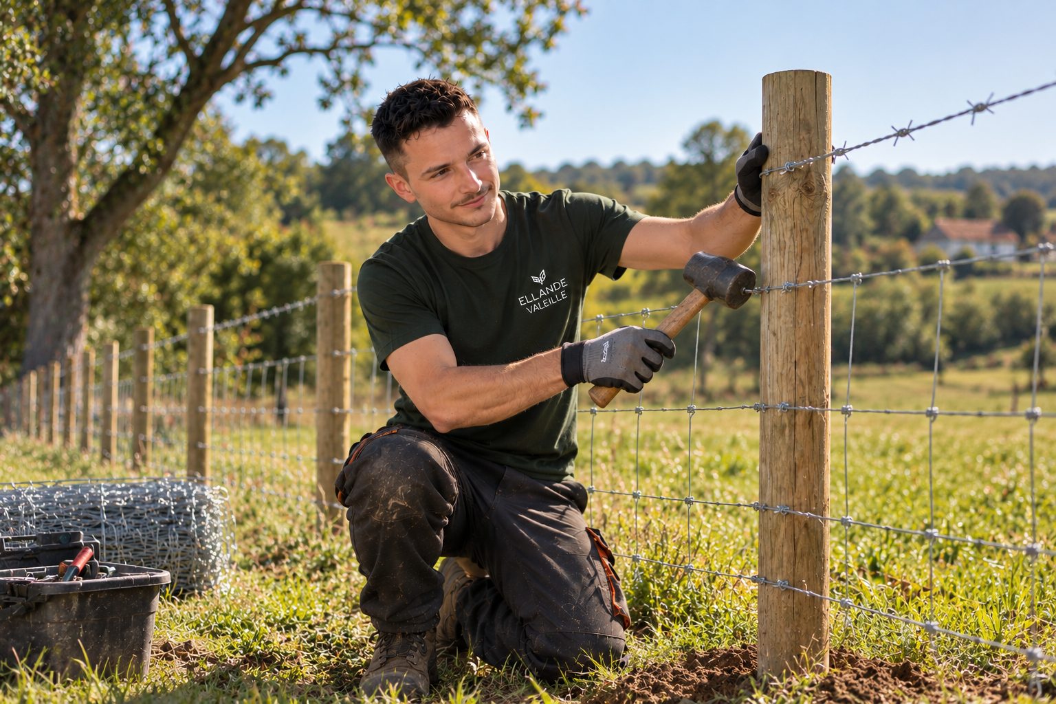 Ellande Valeille posant une clôture agricole, fixation du grillage sur un piquet bois en bordure de prairie.